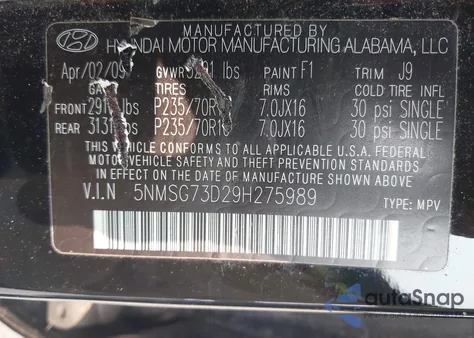 2009 Hyundai Santa Fe Gls z USA, uszkodzony, nr VIN 5NMSG73D29H275989